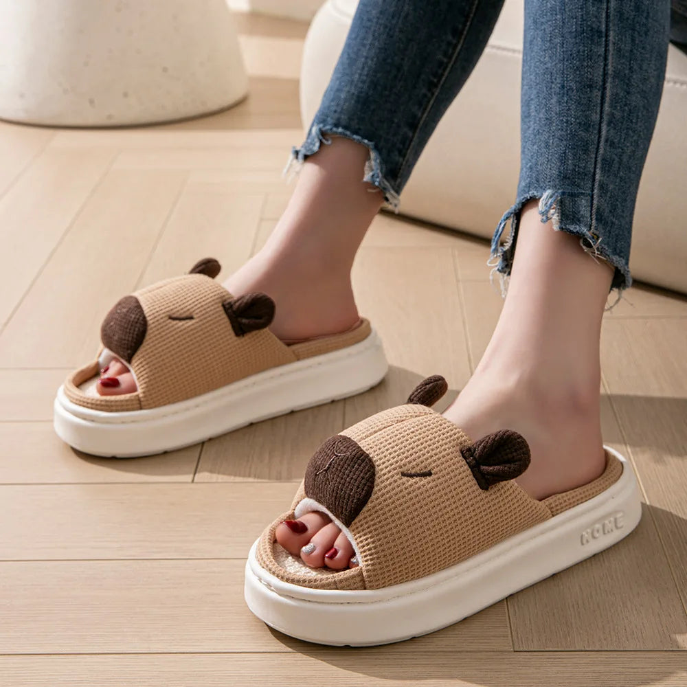Fur-Lined Linen Slippers – Warm Breathable Indoor House Slippers