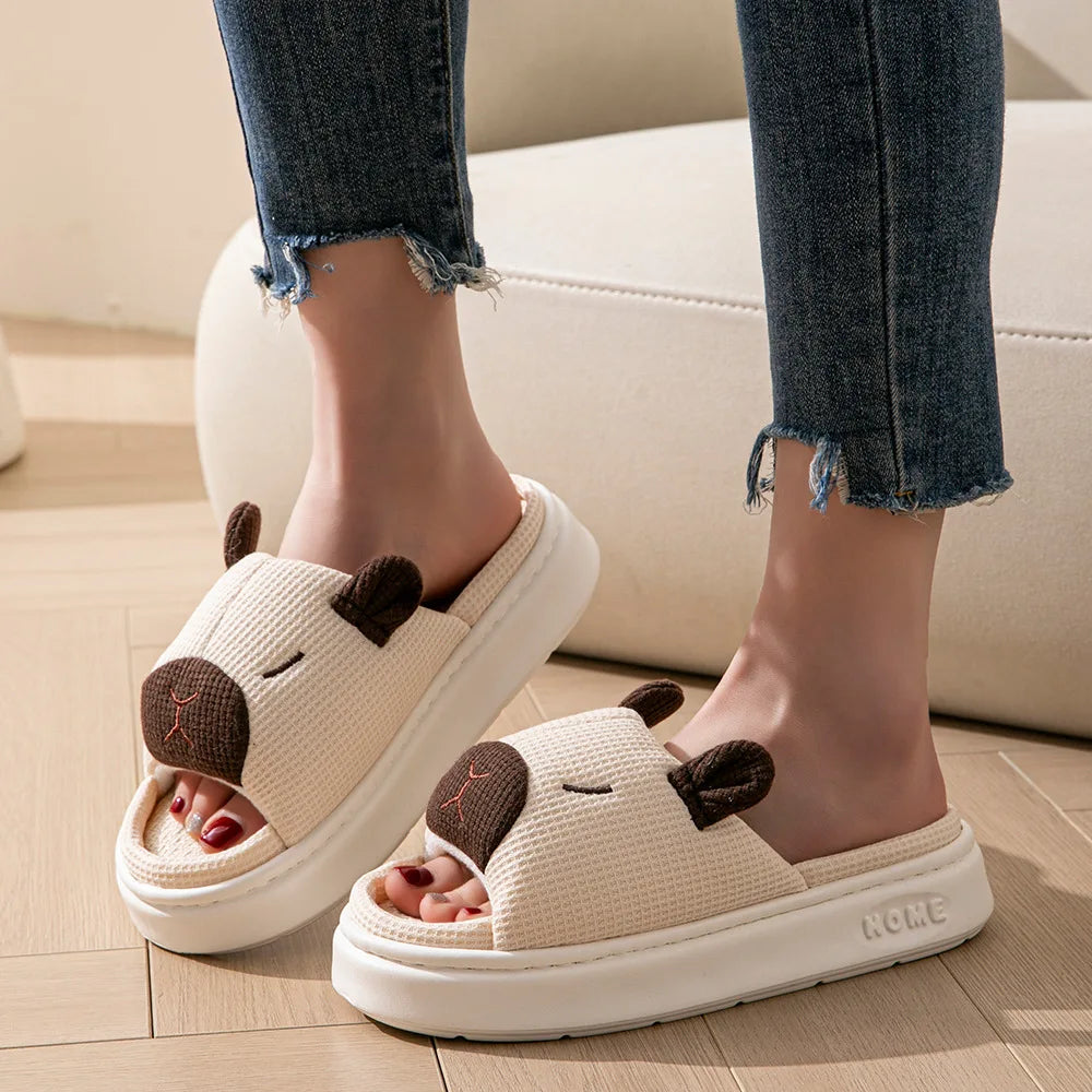 Fur-Lined Linen Slippers – Warm Breathable Indoor House Slippers