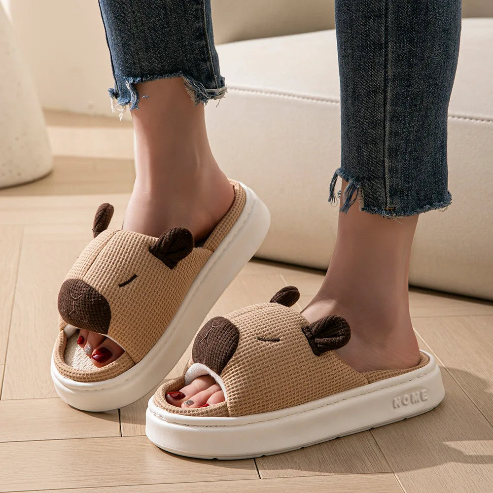 Fur-Lined Linen Slippers – Warm Breathable Indoor House Slippers