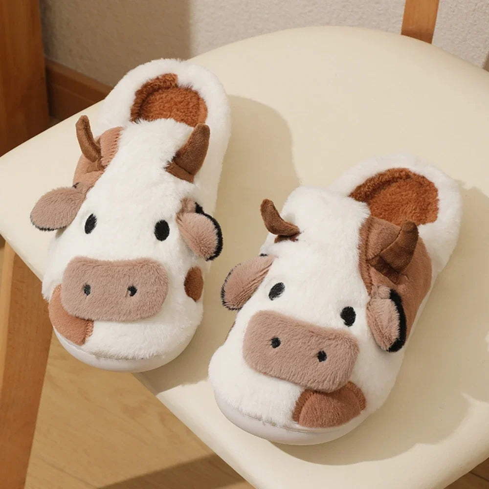 Cartoon Cow Plush Slippers – Warm Fluffy Indoor House Slippers