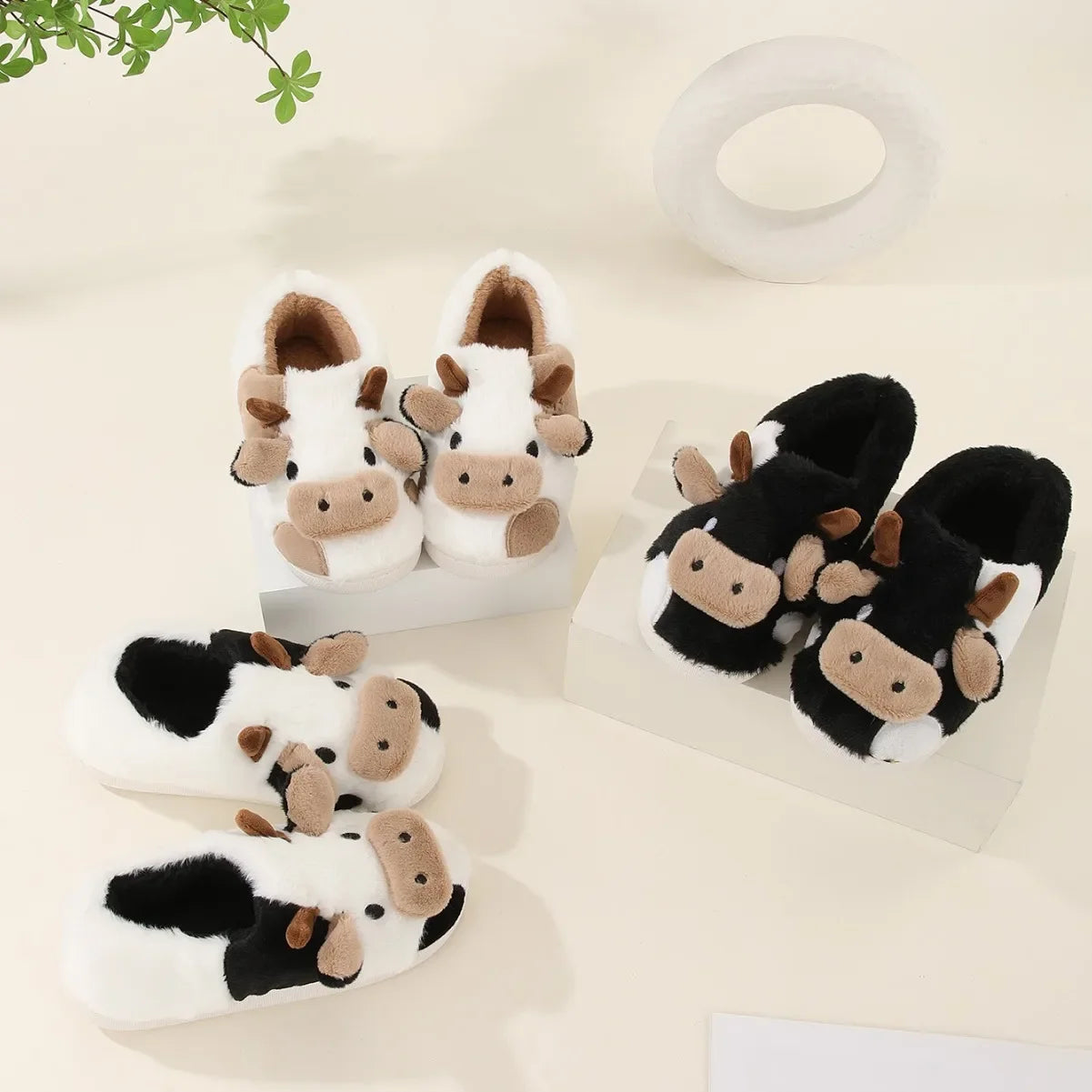 Cartoon Cow Plush Slippers – Warm Fluffy Indoor House Slippers