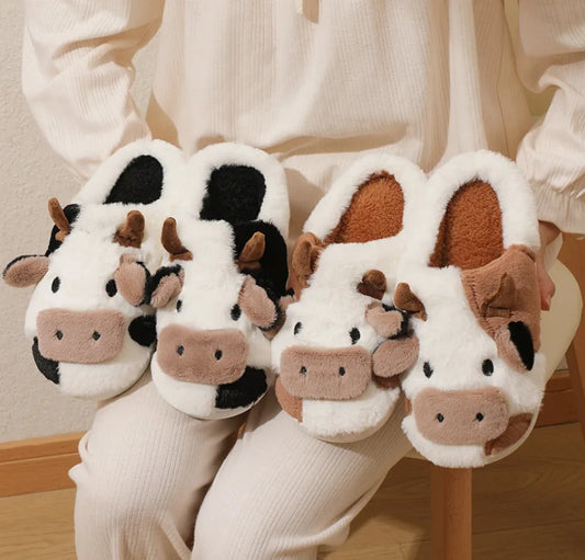 Cartoon Cow Plush Slippers – Warm Fluffy Indoor House Slippers