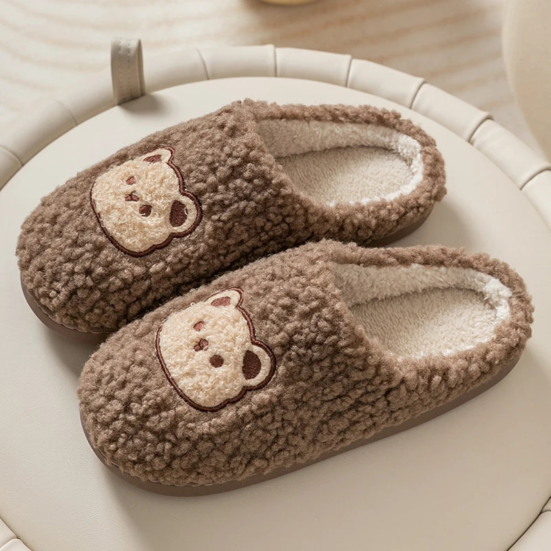 Cute Bear Plush Slippers – Warm Fluffy Indoor House Slippers