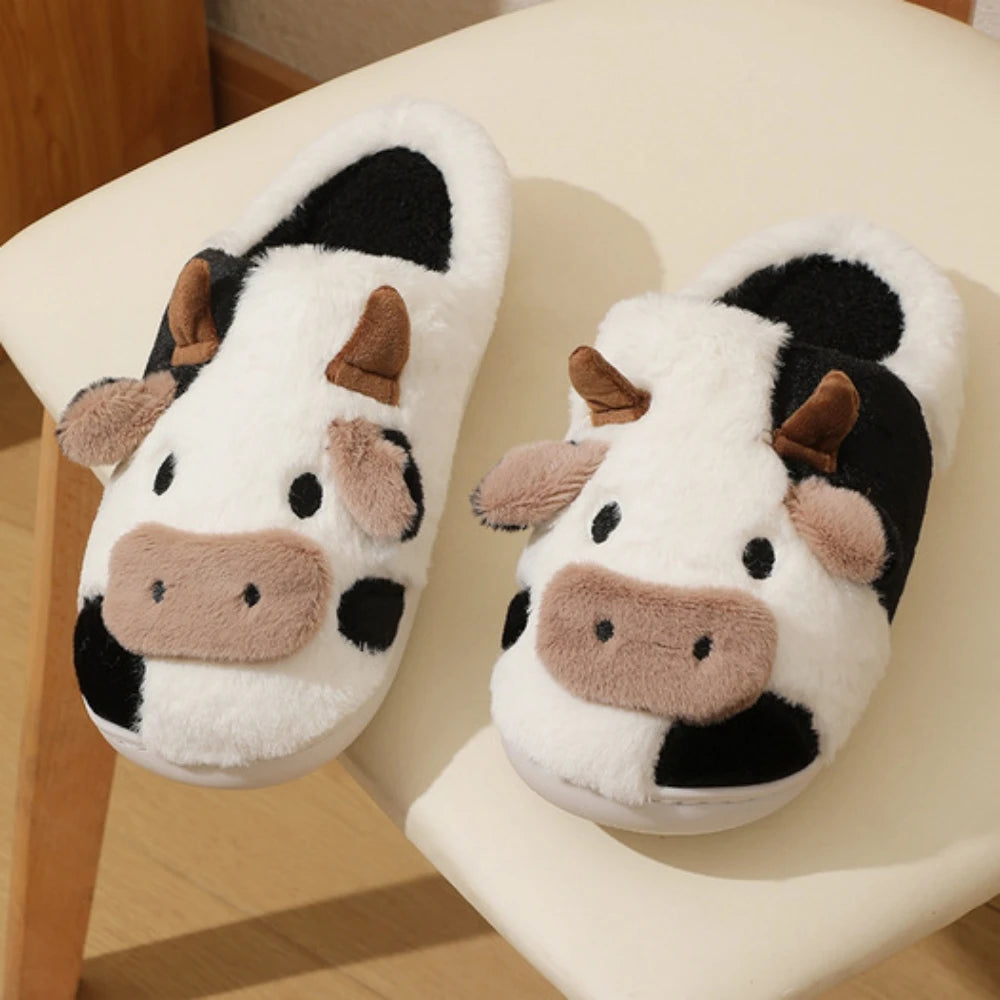 Cartoon Cow Plush Slippers – Warm Fluffy Indoor House Slippers