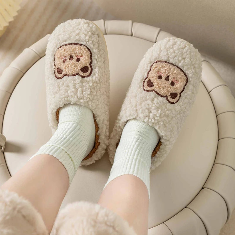 Cute Bear Plush Slippers – Warm Fluffy Indoor House Slippers